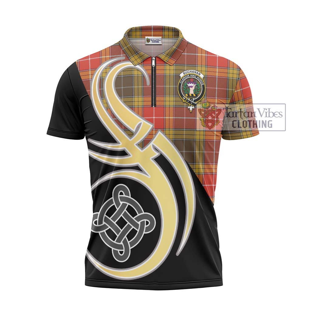 Tartan Vibes Clothing Buchanan Old Set Weathered Tartan Zipper Polo Shirt with Family Crest and Celtic Symbol Style