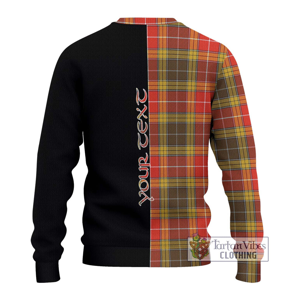 Buchanan Old Set Weathered Tartan Knitted Sweater with Family Crest and Half Of Me Style - Tartanvibesclothing Shop