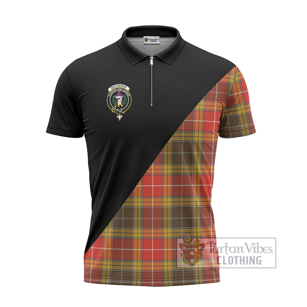 Buchanan Old Set Weathered Tartan Zipper Polo Shirt with Family Crest and Military Logo Style - Tartanvibesclothing Shop