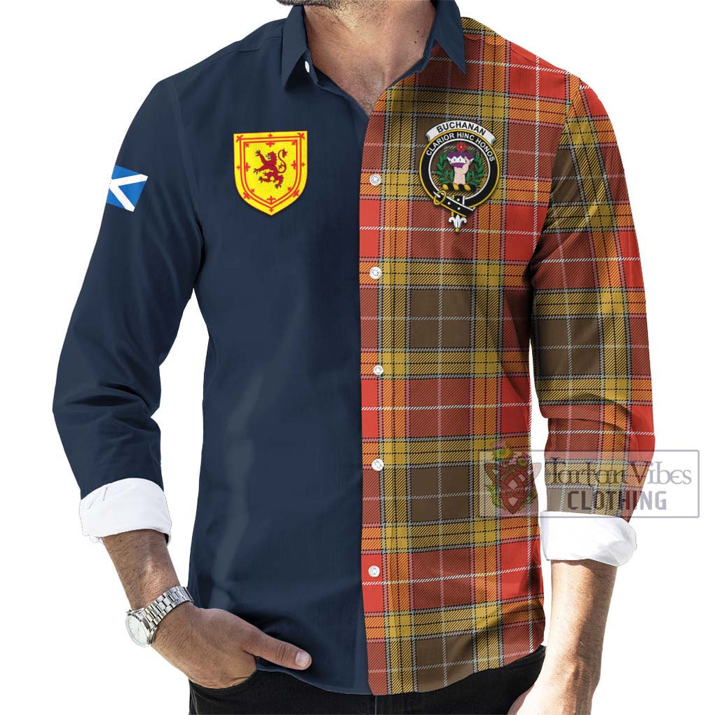 Tartan Vibes Clothing Buchanan Old Set Weathered Tartan Long Sleeve Button Shirt with Scottish Lion Royal Arm Half Style