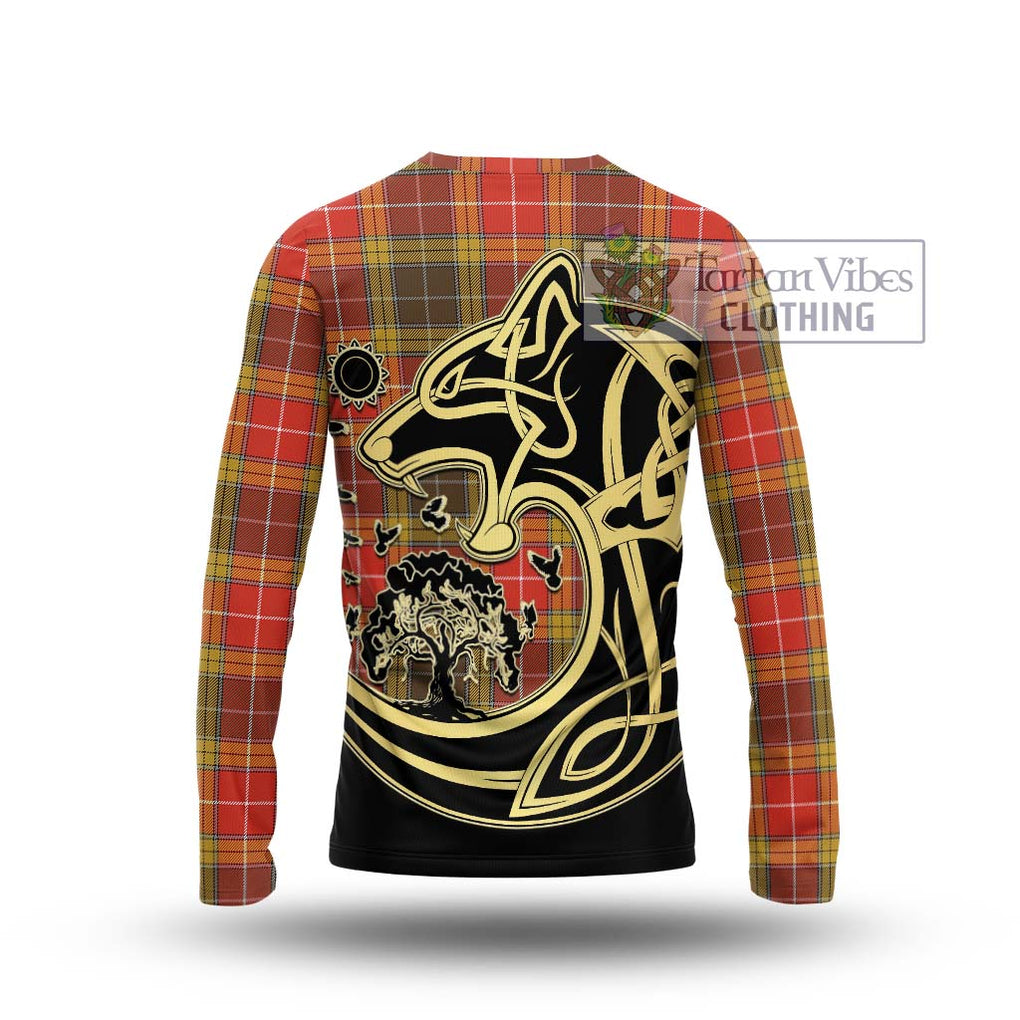 Buchanan Old Set Weathered Tartan Long Sleeve T-Shirt with Family Crest Celtic Wolf Style - Tartan Vibes Clothing