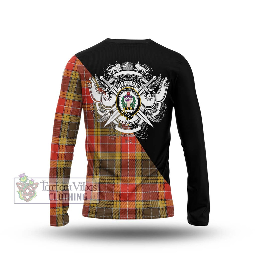 Buchanan Old Set Weathered Tartan Long Sleeve T-Shirt with Family Crest and Military Logo Style - Tartanvibesclothing Shop