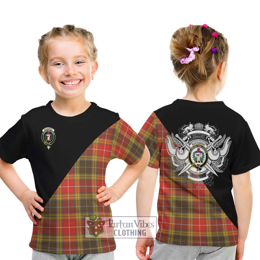 Buchanan Old Set Weathered Tartan Kid T-Shirt with Family Crest and Military Logo Style - Tartanvibesclothing Shop