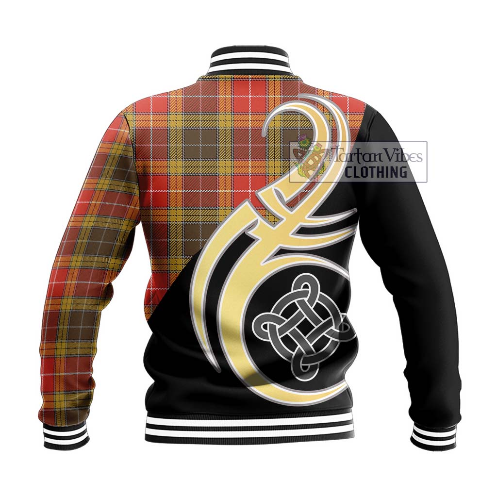 Buchanan Old Set Weathered Tartan Baseball Jacket with Family Crest and Celtic Symbol Style - Tartan Vibes Clothing