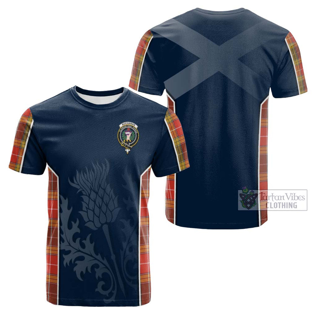 Tartan Vibes Clothing Buchanan Old Set Weathered Tartan Cotton T-shirt with Family Crest and Scottish Thistle Vibes Sport Style