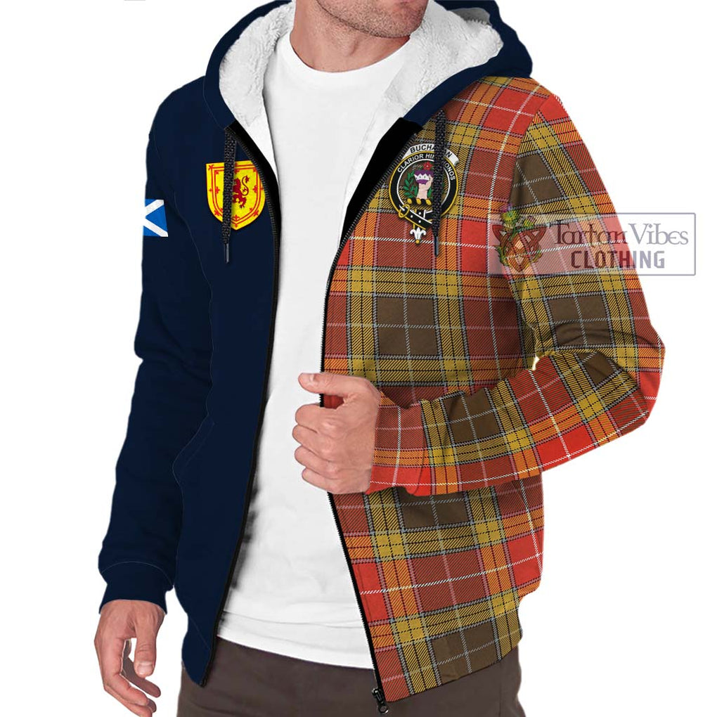 Tartan Vibes Clothing Buchanan Old Set Weathered Tartan Sherpa Hoodie with Scottish Lion Royal Arm Half Style