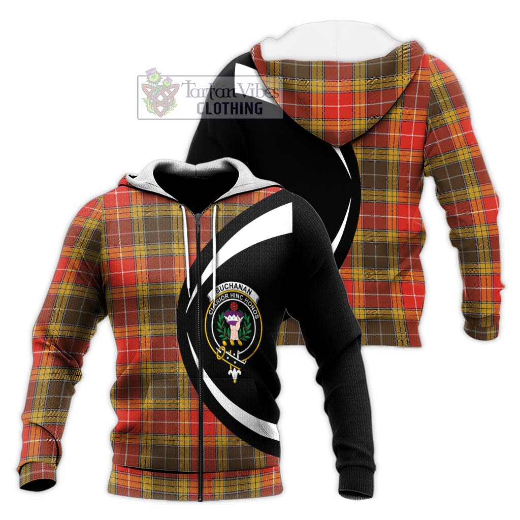 Buchanan Old Set Weathered Tartan Knitted Hoodie with Family Crest Circle Style Unisex Knitted Zip Hoodie - Tartan Vibes Clothing