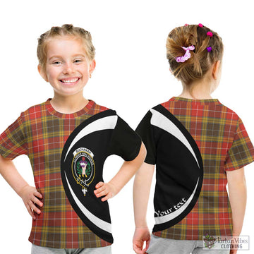 Buchanan Old Set Weathered Tartan Kid T-Shirt with Family Crest Circle Style