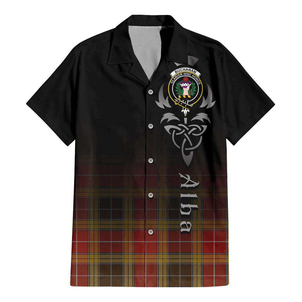 Tartan Vibes Clothing Buchanan Old Set Weathered Tartan Short Sleeve Button Up Featuring Alba Gu Brath Family Crest Celtic Inspired