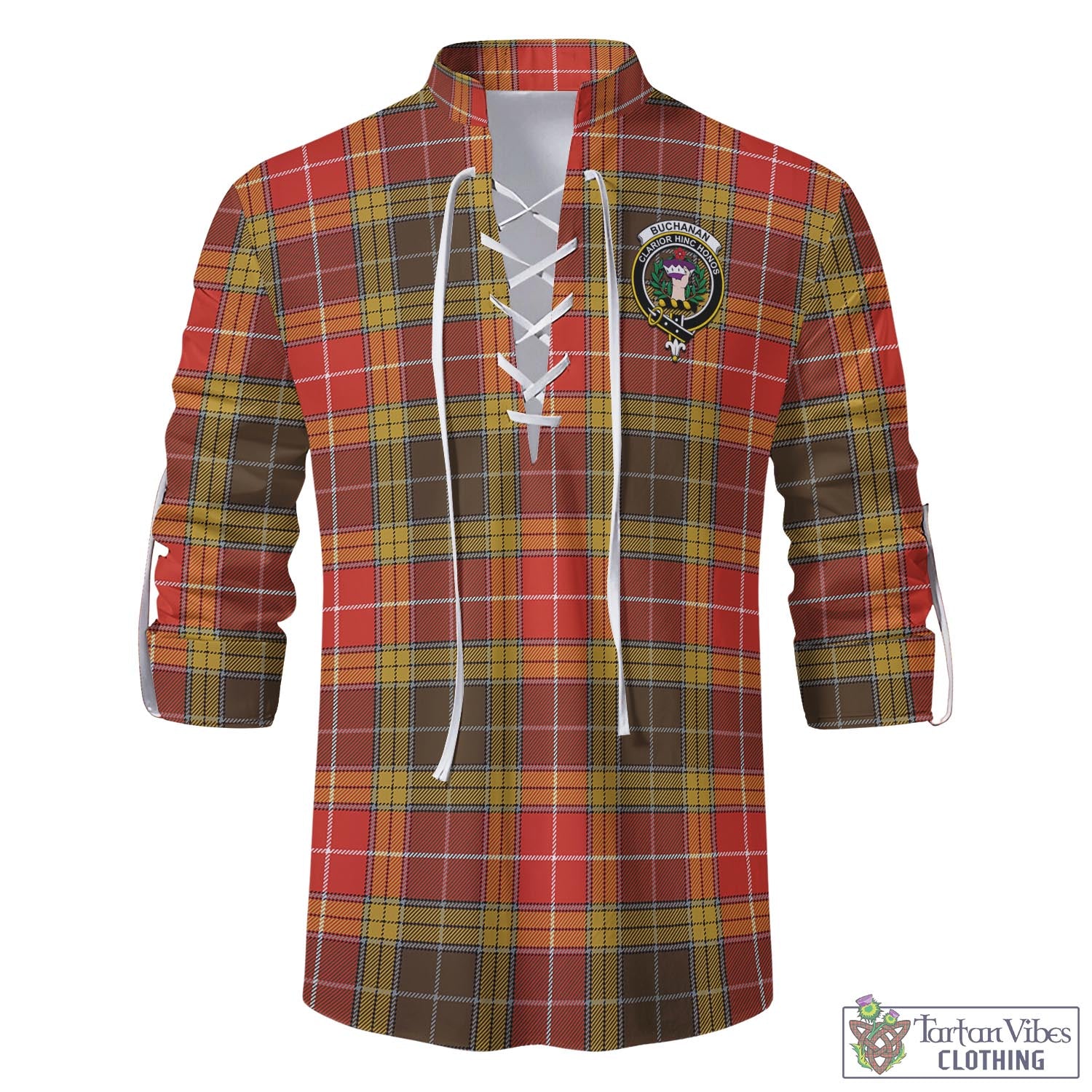 Tartan Vibes Clothing Buchanan Old Set Weathered Tartan Men's Scottish Traditional Jacobite Ghillie Kilt Shirt with Family Crest