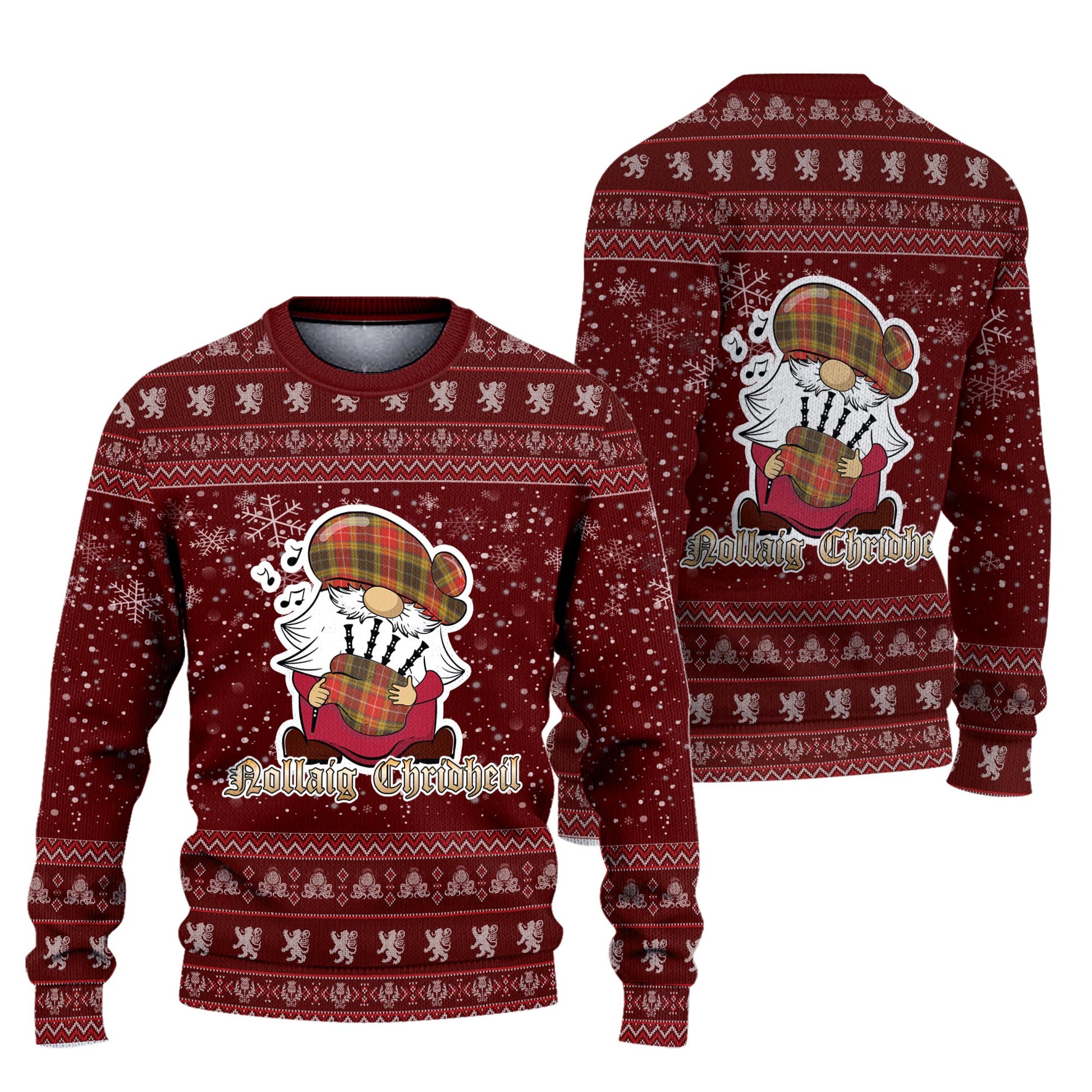 Buchanan Old Set Weathered Clan Christmas Family Knitted Sweater with Funny Gnome Playing Bagpipes Unisex Red - Tartanvibesclothing