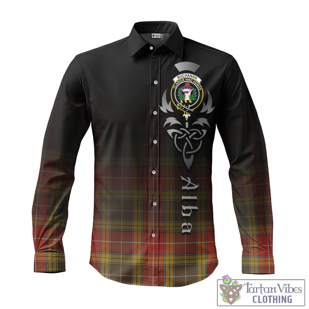 Tartan Vibes Clothing Buchanan Old Set Weathered Tartan Long Sleeve Button Up Featuring Alba Gu Brath Family Crest Celtic Inspired