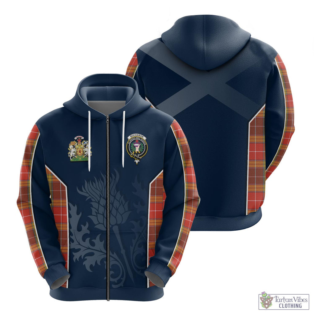 Tartan Vibes Clothing Buchanan Old Set Weathered Tartan Hoodie with Family Crest and Scottish Thistle Vibes Sport Style