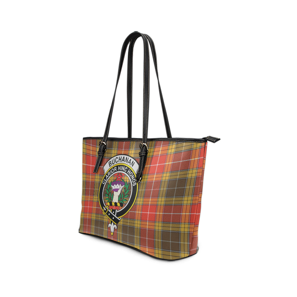 Buchanan Old Set Weathered Tartan Leather Tote Bag with Family Crest - Tartanvibesclothing