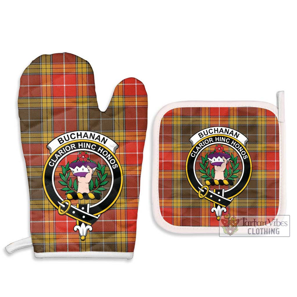 Buchanan Old Set Weathered Tartan Combo Oven Mitt & Pot-Holder with Family Crest Combo 1 Oven Mitt & 2 Pot-Holder White - Tartan Vibes Clothing