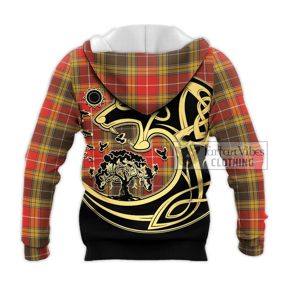 Buchanan Old Set Weathered Tartan Knitted Hoodie with Family Crest Celtic Wolf Style - Tartan Vibes Clothing