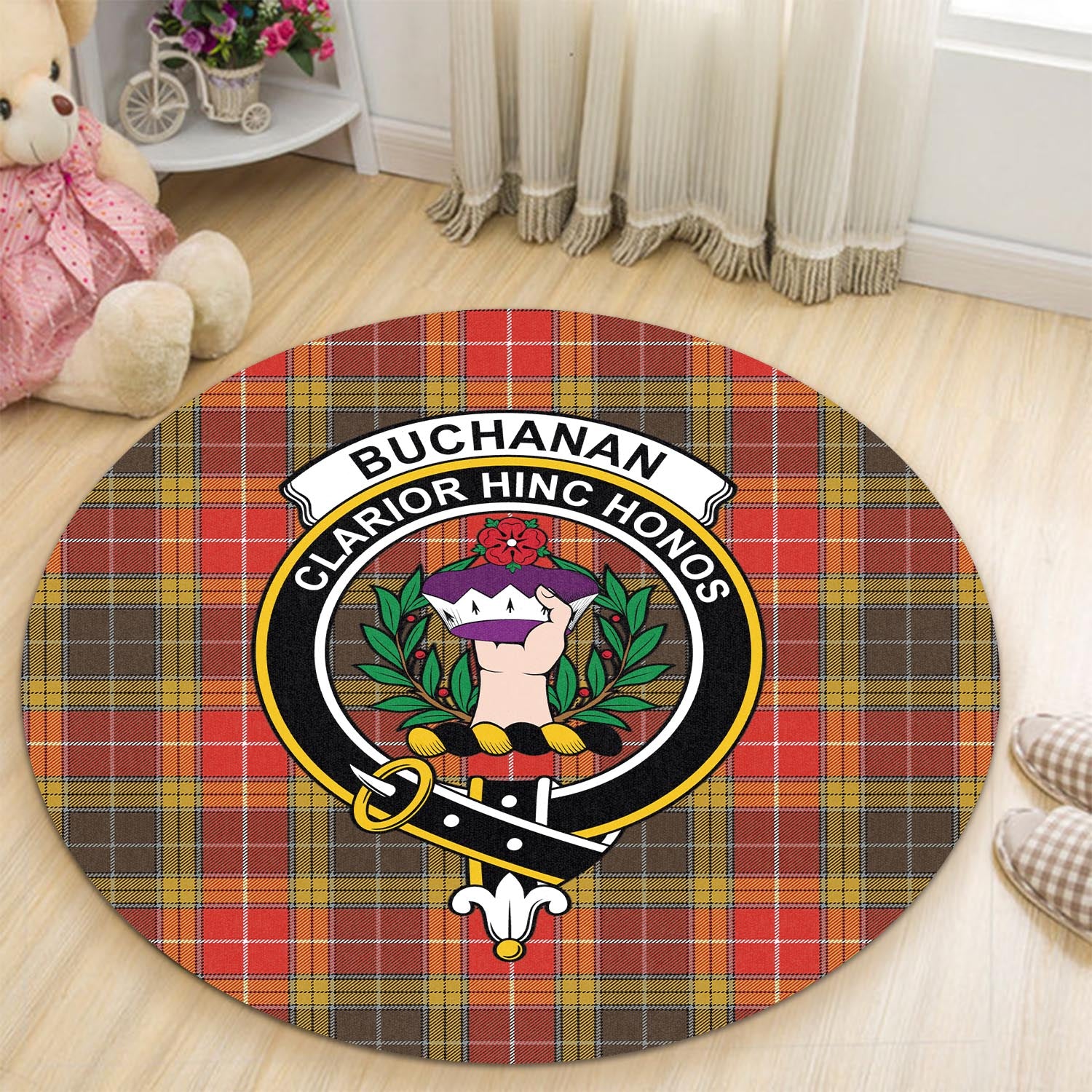 Buchanan Old Set Weathered Tartan Round Rug with Family Crest - Tartanvibesclothing