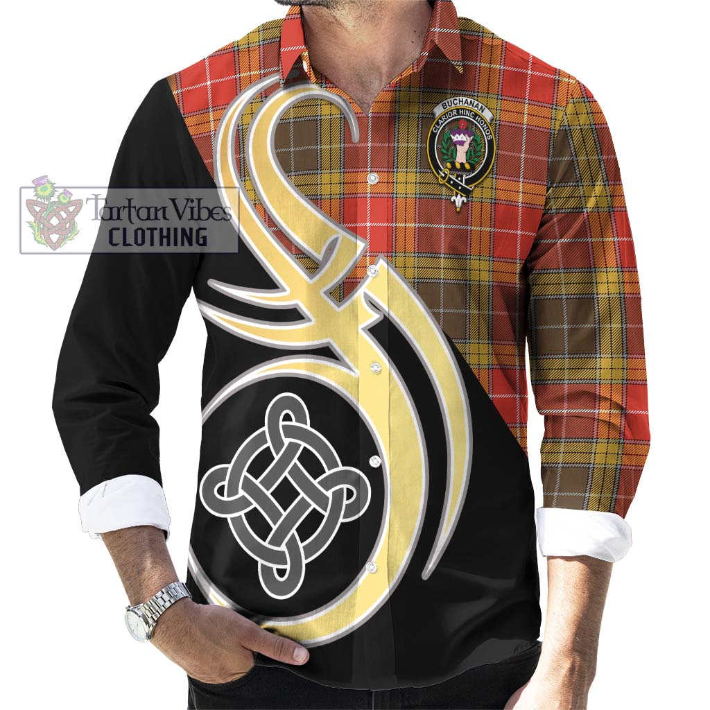 Buchanan Old Set Weathered Tartan Long Sleeve Button Shirt with Family Crest and Celtic Symbol Style - Tartan Vibes Clothing