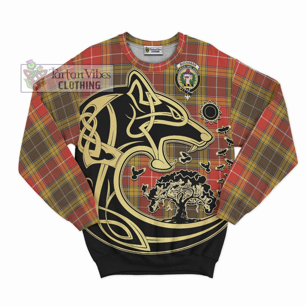 Buchanan Old Set Weathered Tartan Sweatshirt with Family Crest Celtic Wolf Style - Tartan Vibes Clothing