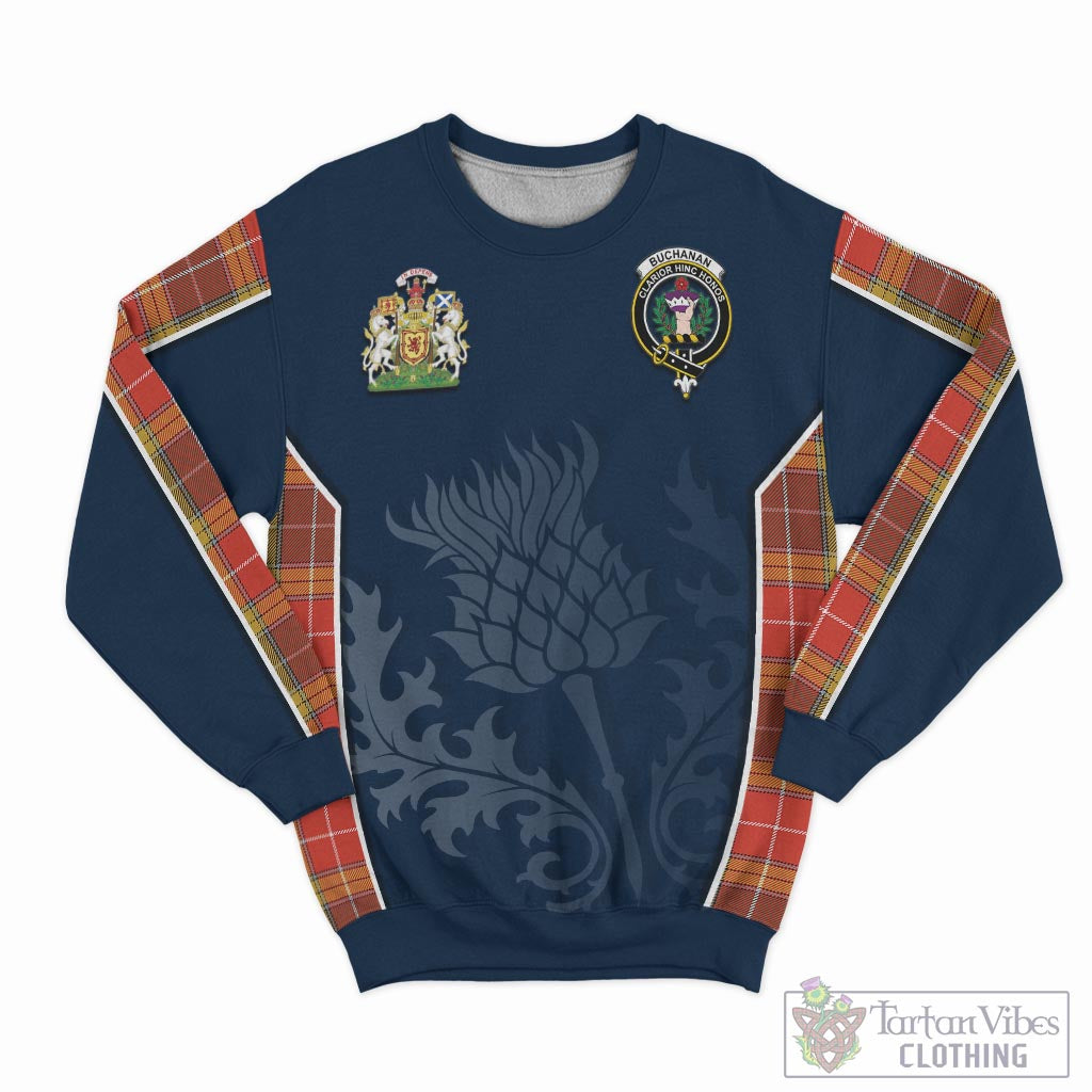 Tartan Vibes Clothing Buchanan Old Set Weathered Tartan Sweatshirt with Family Crest and Scottish Thistle Vibes Sport Style