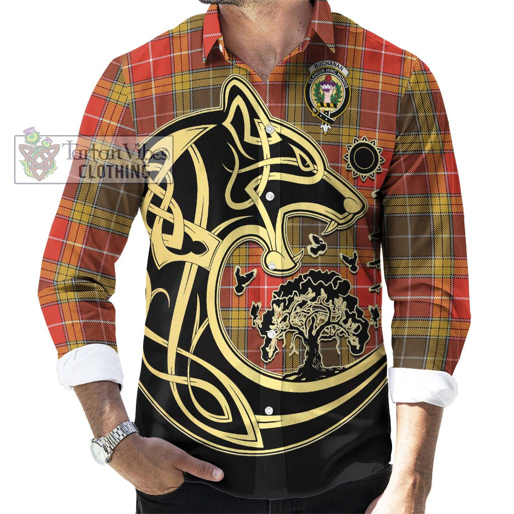 Buchanan Old Set Weathered Tartan Long Sleeve Button Shirt with Family Crest Celtic Wolf Style - Tartan Vibes Clothing