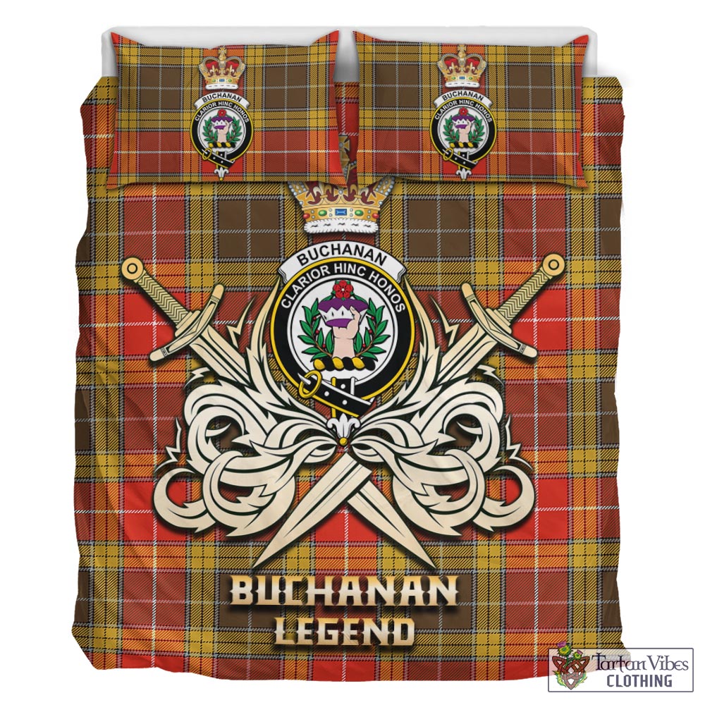 Tartan Vibes Clothing Buchanan Old Set Weathered Tartan Bedding Set with Clan Crest and the Golden Sword of Courageous Legacy