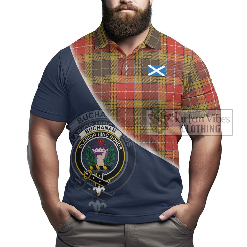 Buchanan Old Set Weathered Tartan Polo Shirt with Personalised National Flag and Family Crest Half Style - Tartanvibesclothing Shop