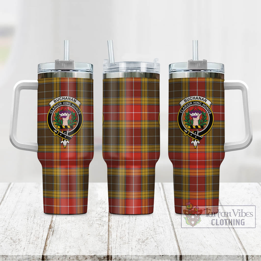 Tartan Vibes Clothing Buchanan Old Set Weathered Tartan and Family Crest Tumbler with Handle