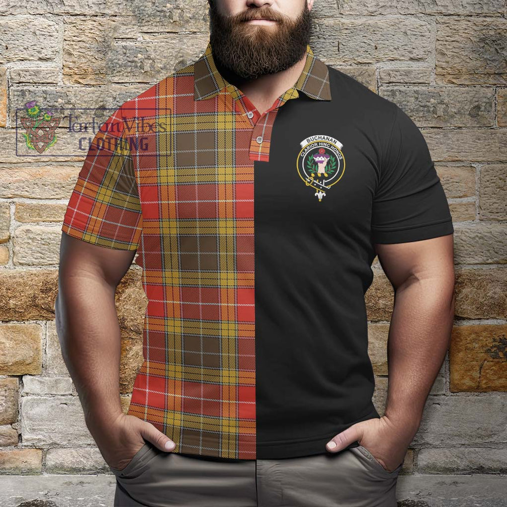 Buchanan Old Set Weathered Tartan Polo Shirt with Family Crest and Half Of Me Style - Tartanvibesclothing Shop