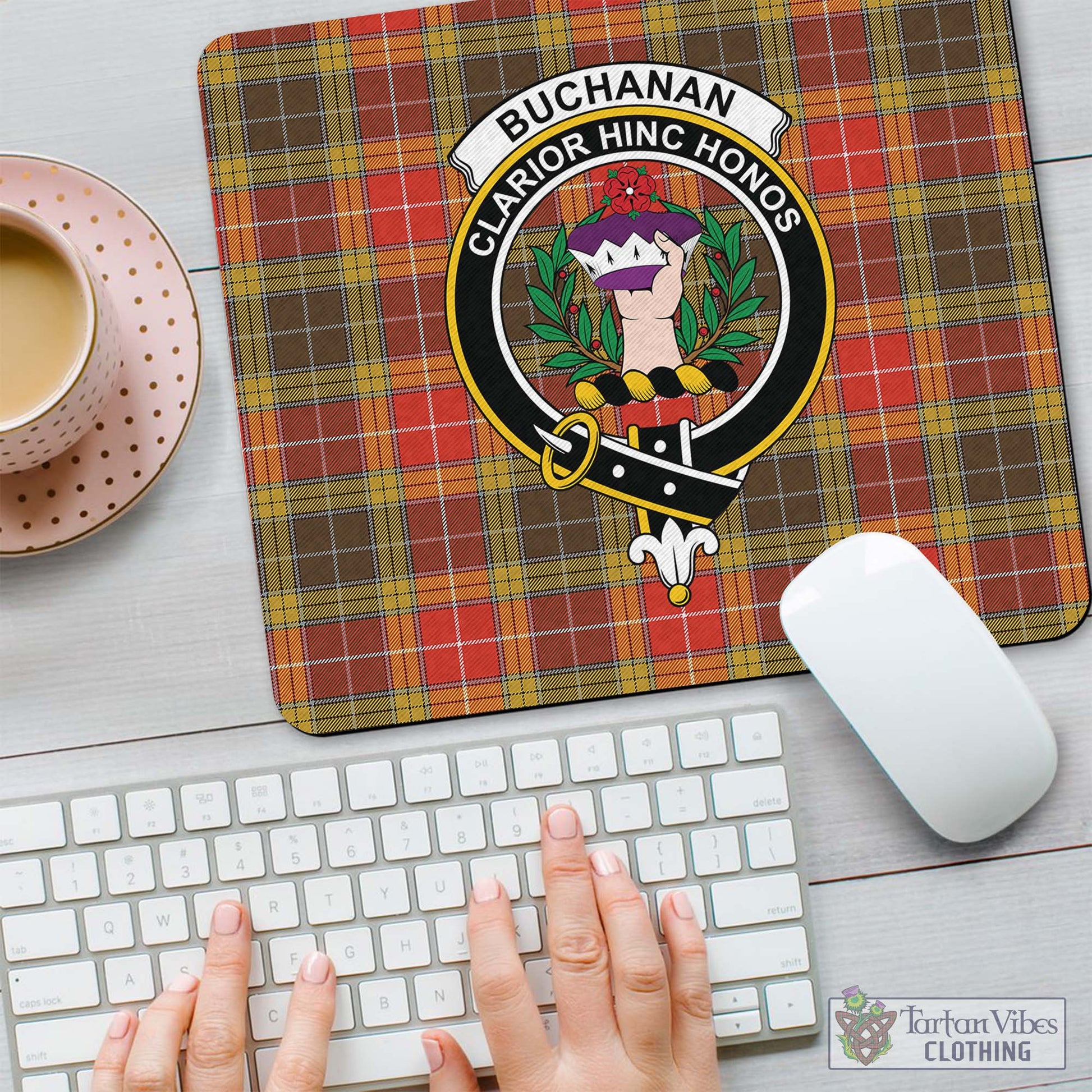 Tartan Vibes Clothing Buchanan Old Set Weathered Tartan Mouse Pad with Family Crest