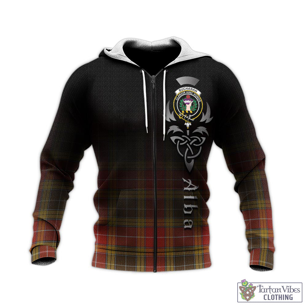 Tartan Vibes Clothing Buchanan Old Set Weathered Tartan Knitted Hoodie Featuring Alba Gu Brath Family Crest Celtic Inspired