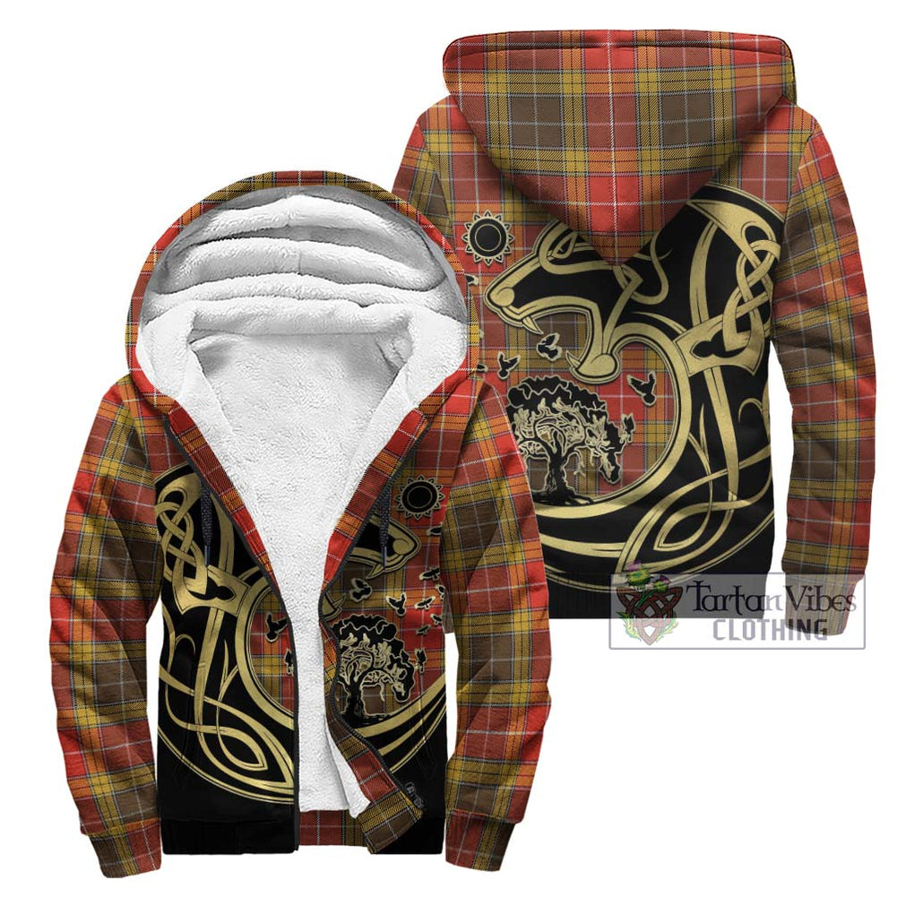 Buchanan Old Set Weathered Tartan Sherpa Hoodie with Family Crest Celtic Wolf Style Unisex - Tartan Vibes Clothing