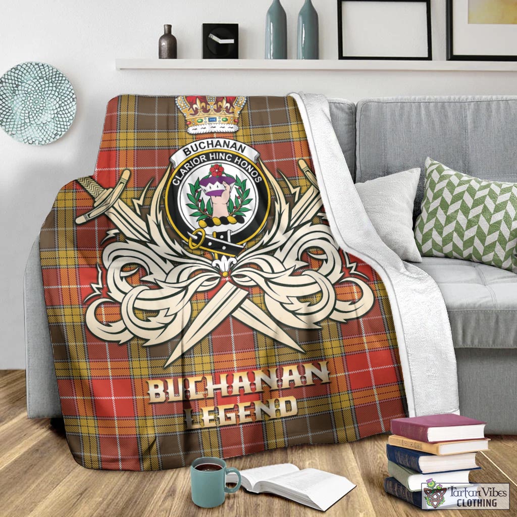 Tartan Vibes Clothing Buchanan Old Set Weathered Tartan Blanket with Clan Crest and the Golden Sword of Courageous Legacy