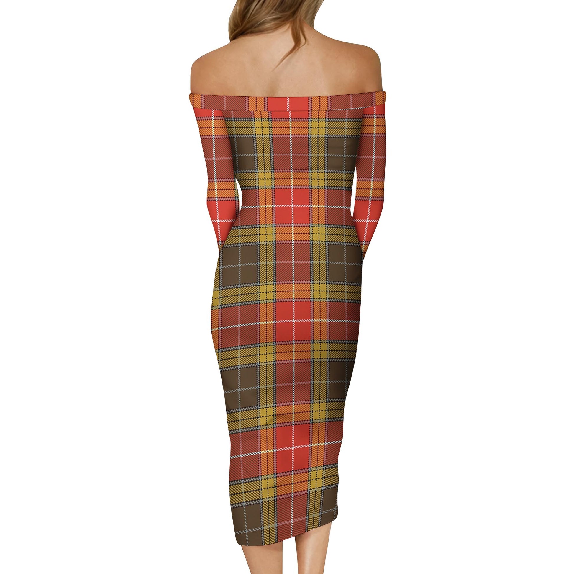 Buchanan Old Set Weathered Tartan Off Shoulder Lady Dress - Tartanvibesclothing