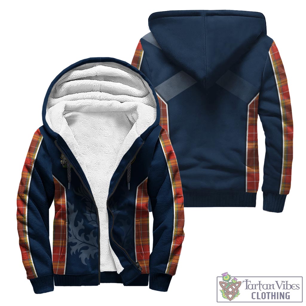 Tartan Vibes Clothing Buchanan Old Set Weathered Tartan Sherpa Hoodie with Family Crest and Scottish Thistle Vibes Sport Style