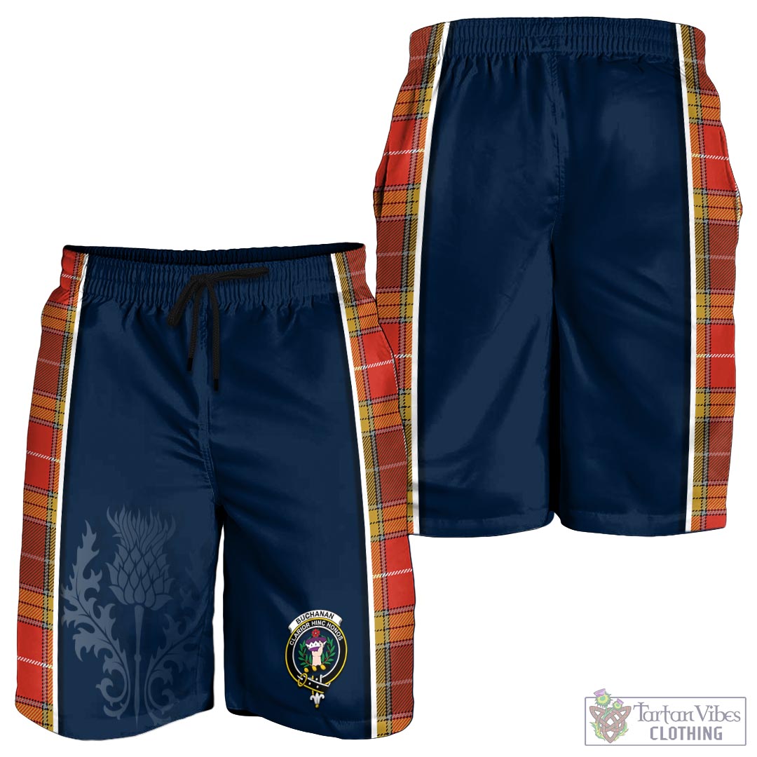 Tartan Vibes Clothing Buchanan Old Set Weathered Tartan Men's Shorts with Family Crest and Scottish Thistle Vibes Sport Style