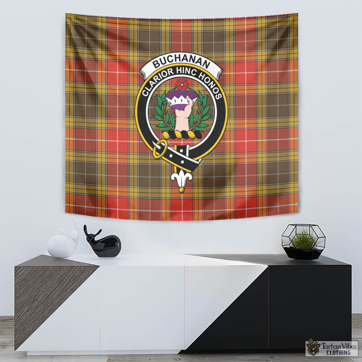 Tartan Vibes Clothing Buchanan Old Set Weathered Tartan Tapestry Wall Hanging and Home Decor for Room with Family Crest