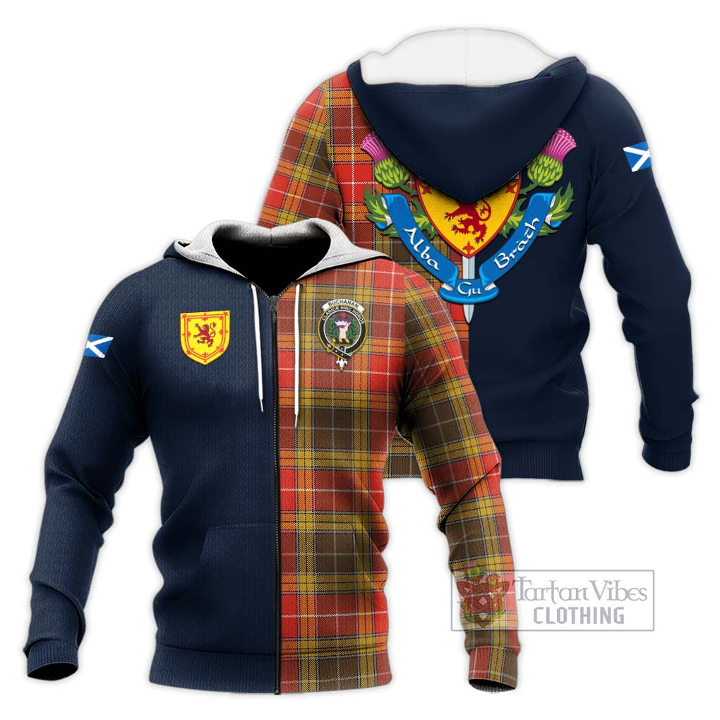 Tartan Vibes Clothing Buchanan Old Set Weathered Tartan Knitted Hoodie with Scottish Lion Royal Arm Half Style