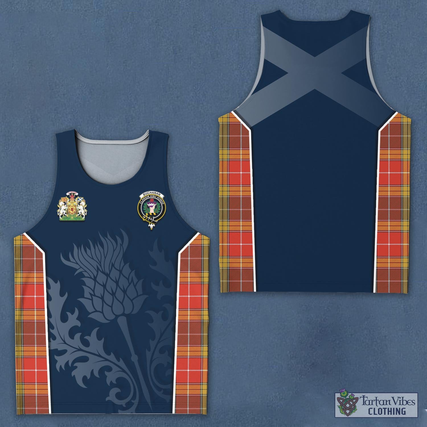 Tartan Vibes Clothing Buchanan Old Set Weathered Tartan Men's Tanks Top with Family Crest and Scottish Thistle Vibes Sport Style