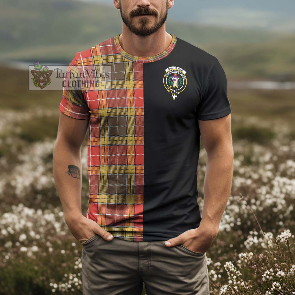 Buchanan Old Set Weathered Tartan T-Shirt with Family Crest and Half Of Me Style - Tartanvibesclothing Shop