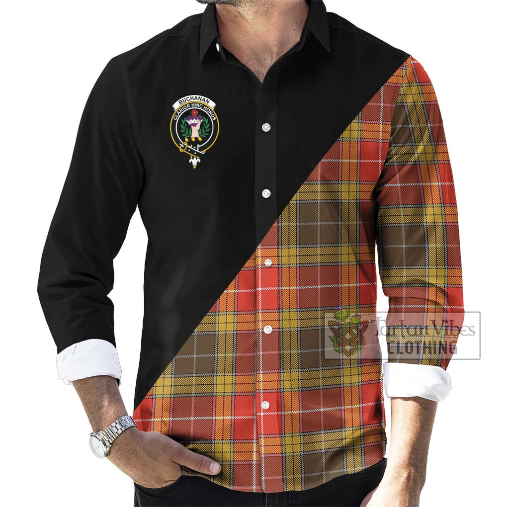 Buchanan Old Set Weathered Tartan Long Sleeve Button Shirt with Family Crest and Military Logo Style - Tartanvibesclothing Shop