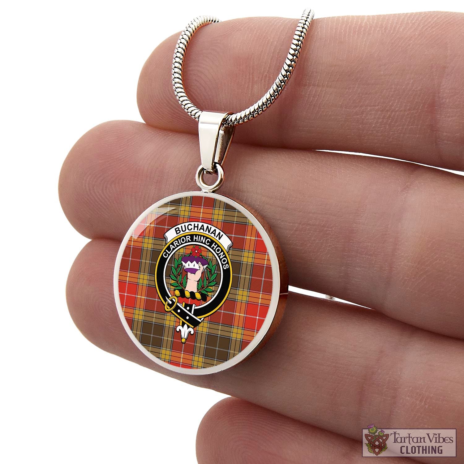 Tartan Vibes Clothing Buchanan Old Set Weathered Tartan Circle Necklace with Family Crest