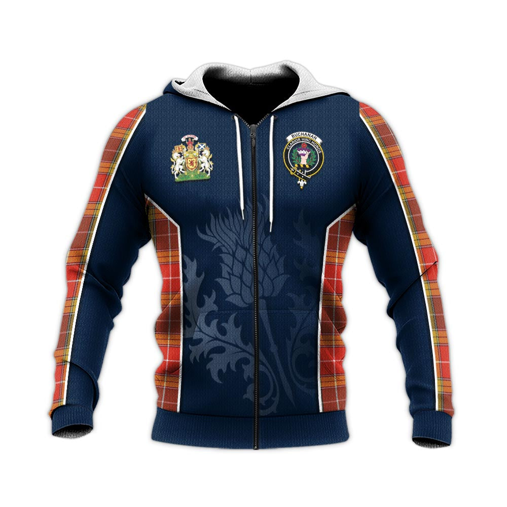 Tartan Vibes Clothing Buchanan Old Set Weathered Tartan Knitted Hoodie with Family Crest and Scottish Thistle Vibes Sport Style