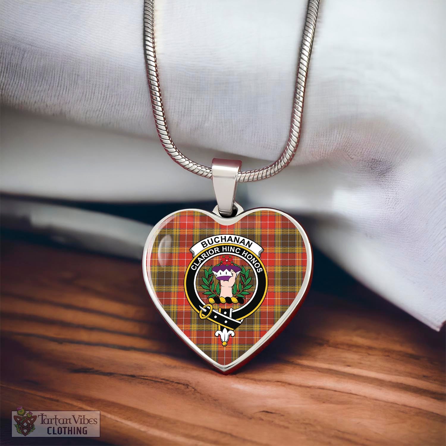 Tartan Vibes Clothing Buchanan Old Set Weathered Tartan Heart Necklace with Family Crest