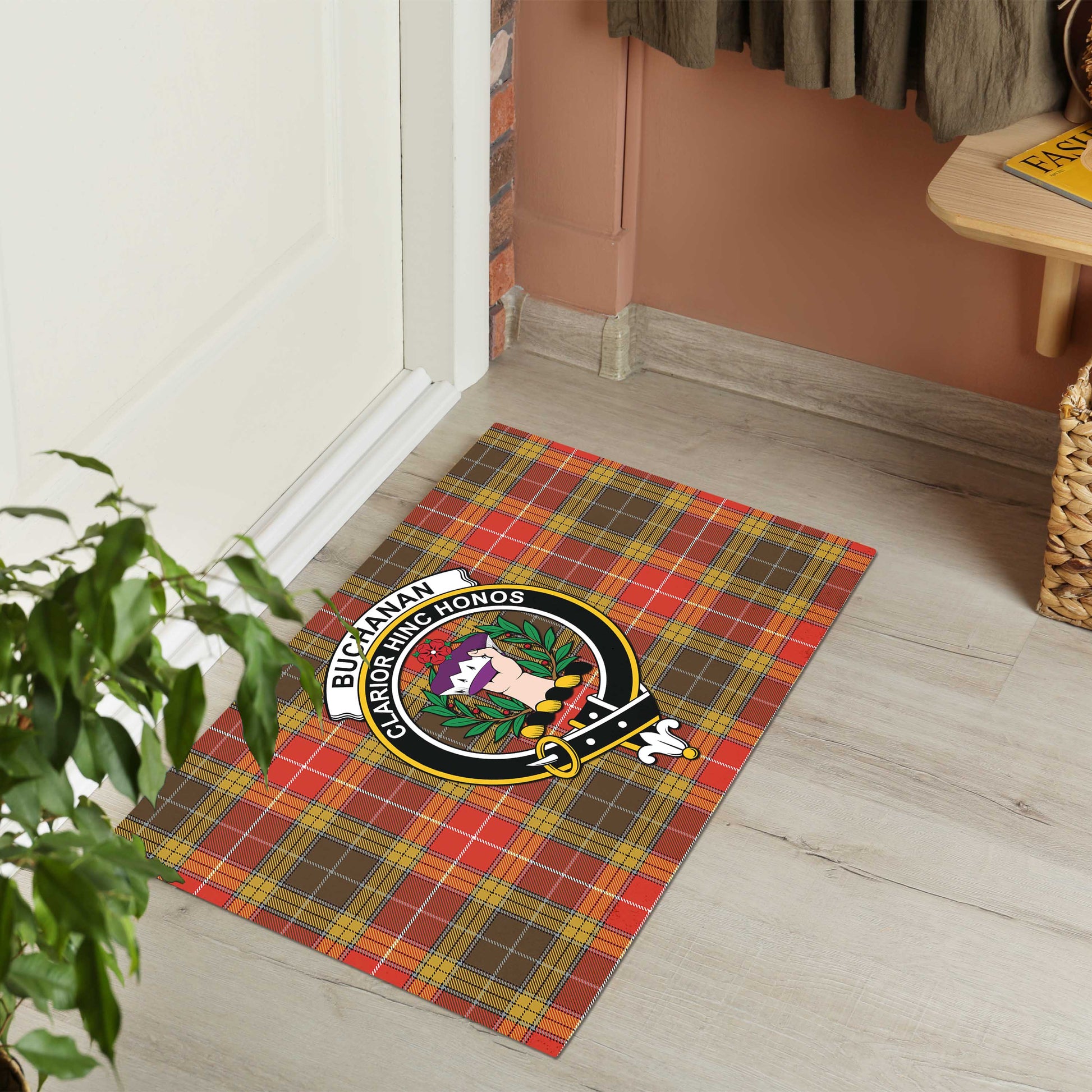 Buchanan Old Set Weathered Tartan Door Mat with Family Crest - Tartanvibesclothing