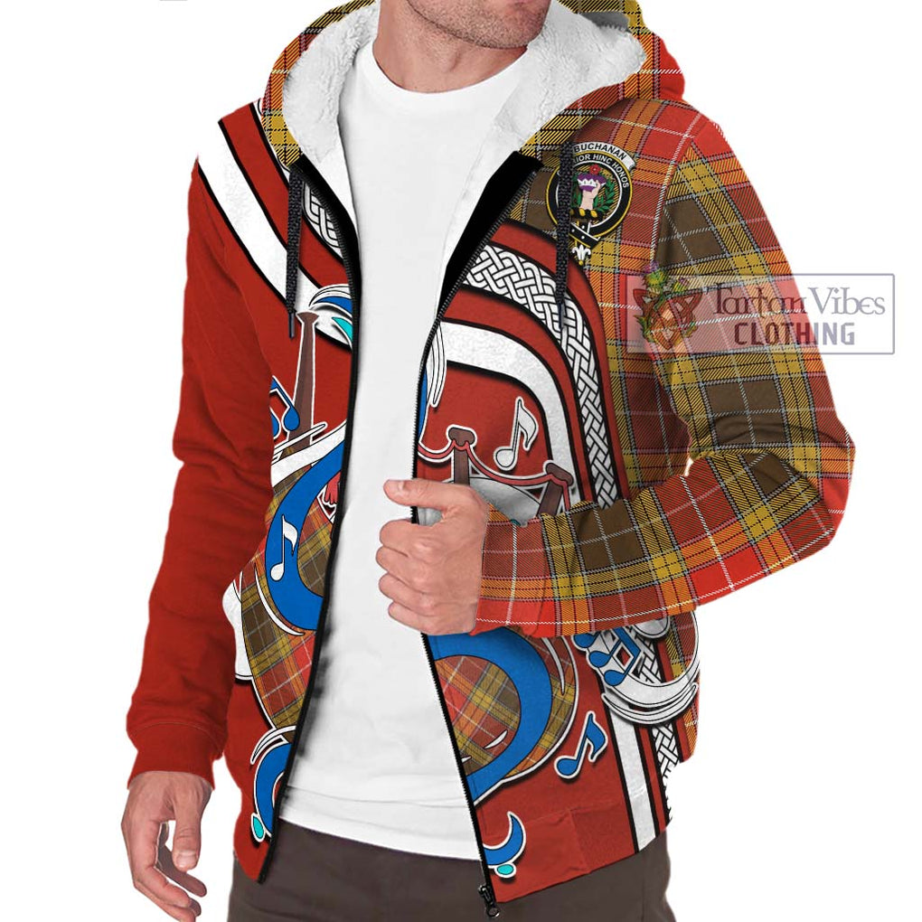 Buchanan Old Set Weathered Tartan Sherpa Hoodie with Epic Bagpipe Style Unisex - Tartanvibesclothing Shop