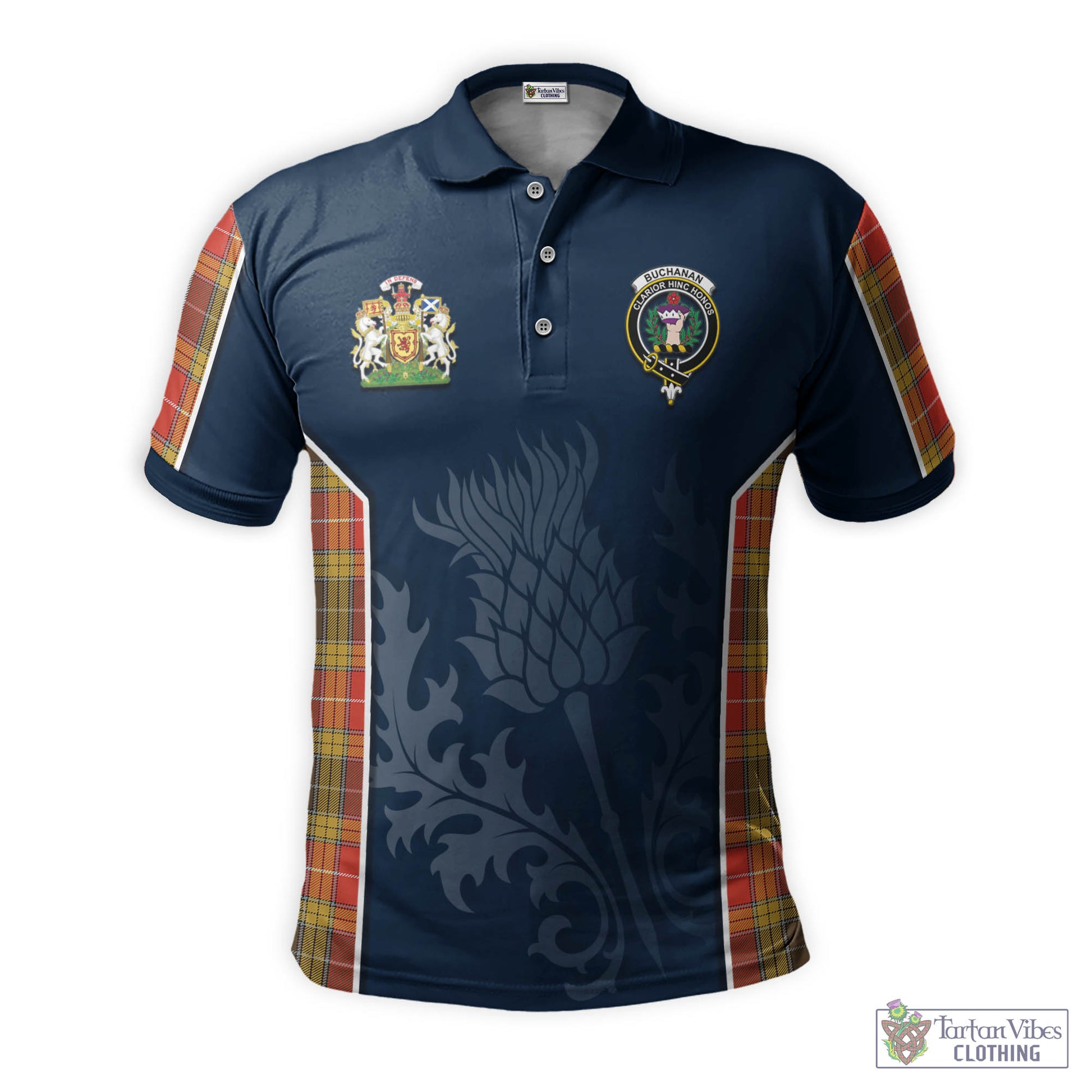 Tartan Vibes Clothing Buchanan Old Set Weathered Tartan Men's Polo Shirt with Family Crest and Scottish Thistle Vibes Sport Style