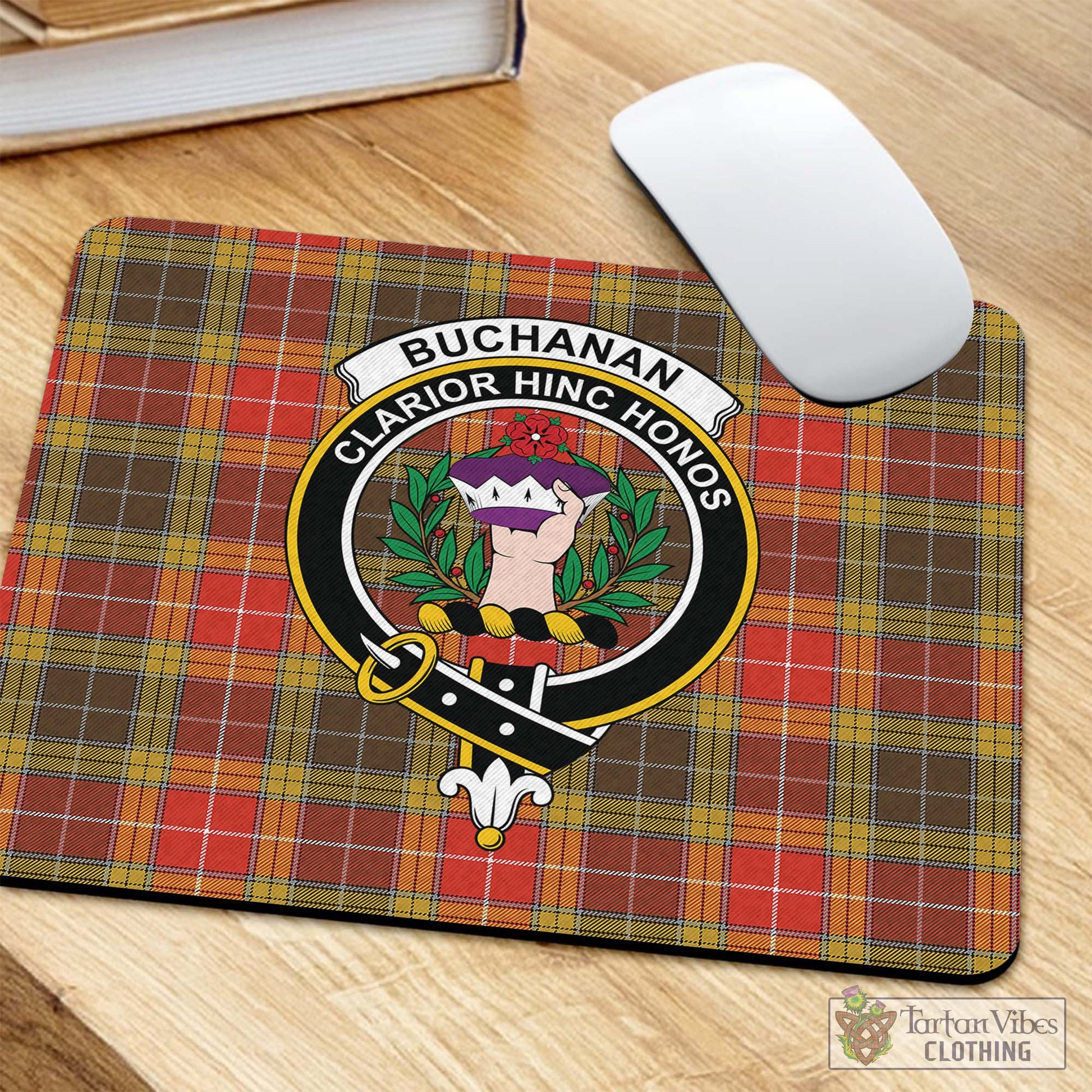 Tartan Vibes Clothing Buchanan Old Set Weathered Tartan Mouse Pad with Family Crest