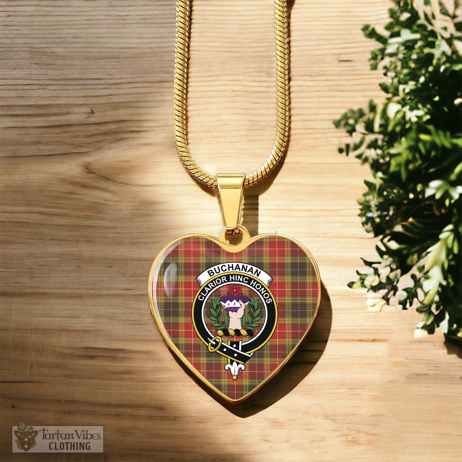 Tartan Vibes Clothing Buchanan Old Set Weathered Tartan Heart Necklace with Family Crest