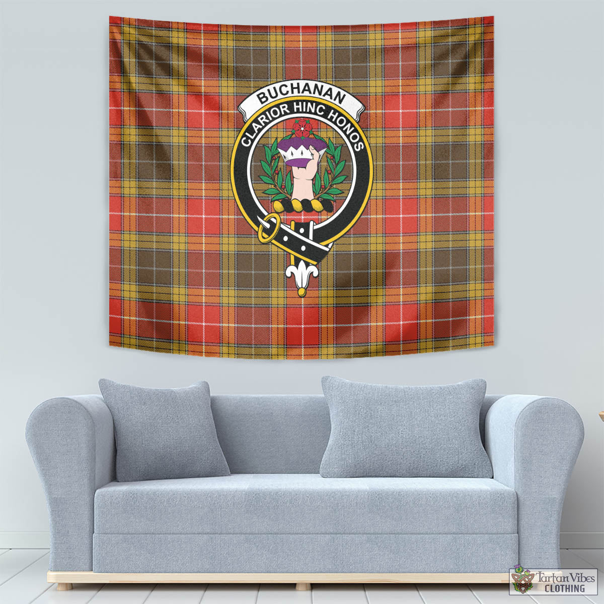 Tartan Vibes Clothing Buchanan Old Set Weathered Tartan Tapestry Wall Hanging and Home Decor for Room with Family Crest